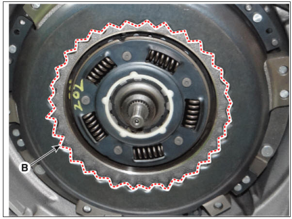 3) Insert the input shaft (A) into the pilot bearing (B) and then
