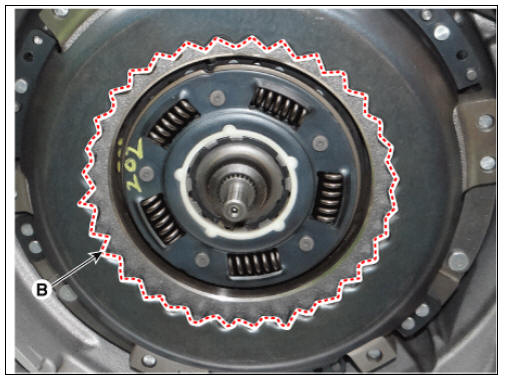 3) Insert the input shaft (A) into the pilot bearing (B) and then