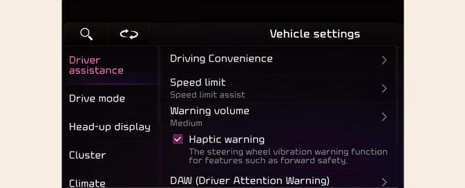 Driver assistance settings (infotainment system) 
